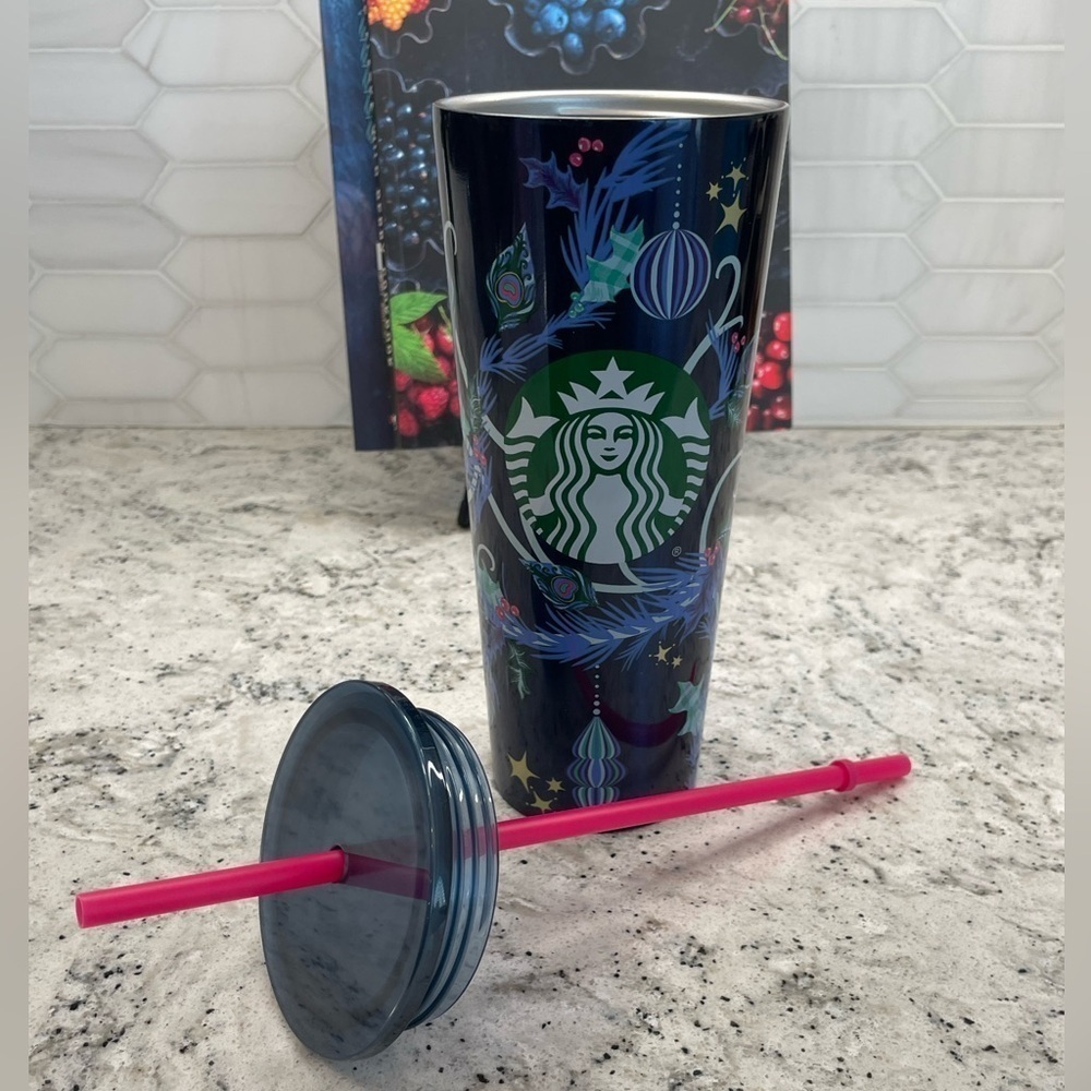 Starbucks 2024 Holiday Blue Peacock Feathers Pine Boughs Winter SS Tumbler. NWT - Picture 6 of 7